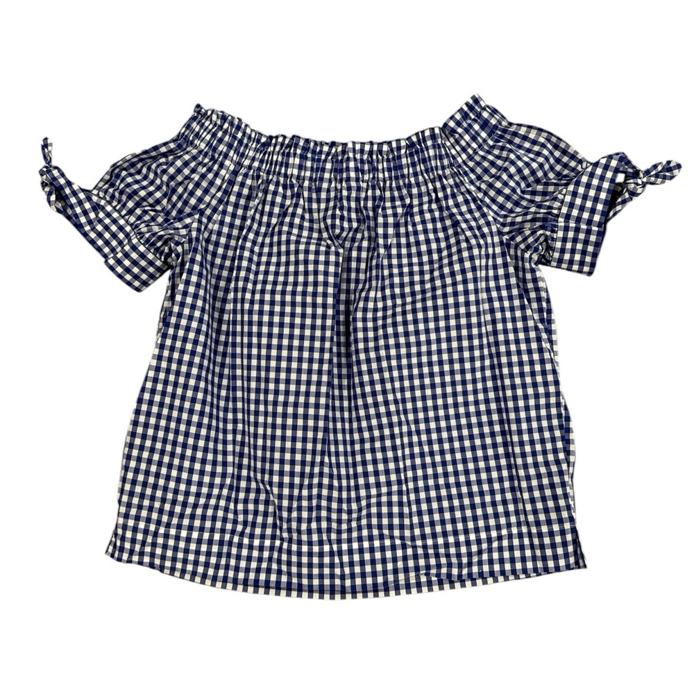 J Crew Off the Shoulder Blue White Gingham Top - Picture 7 of 9